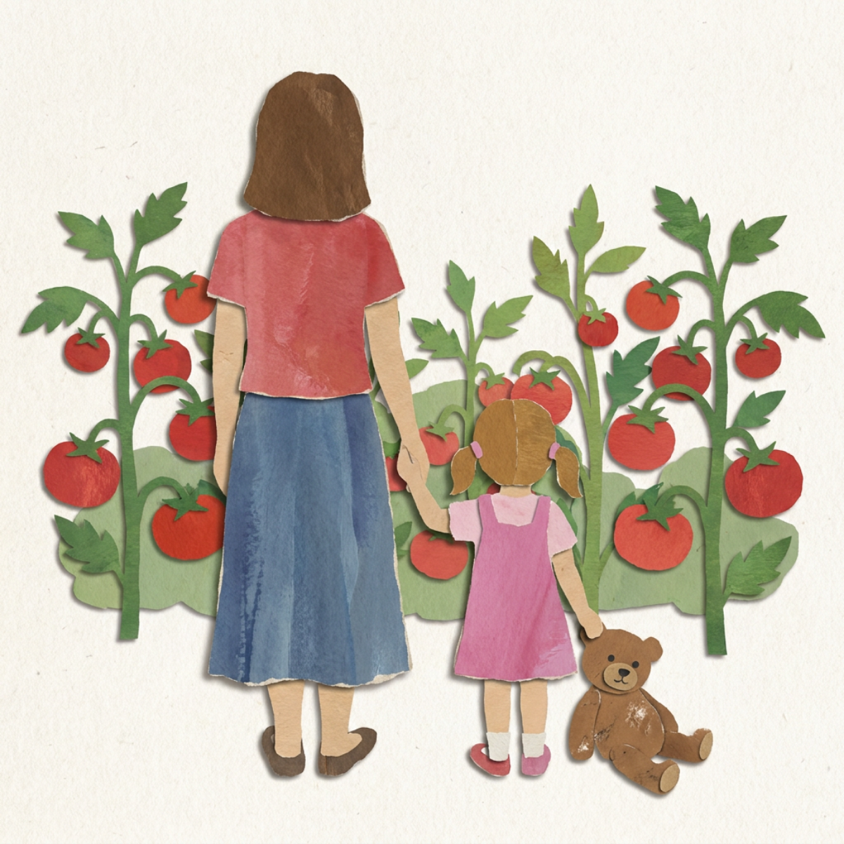 Paper cutout image of mother and daughter standing before a tomato garden