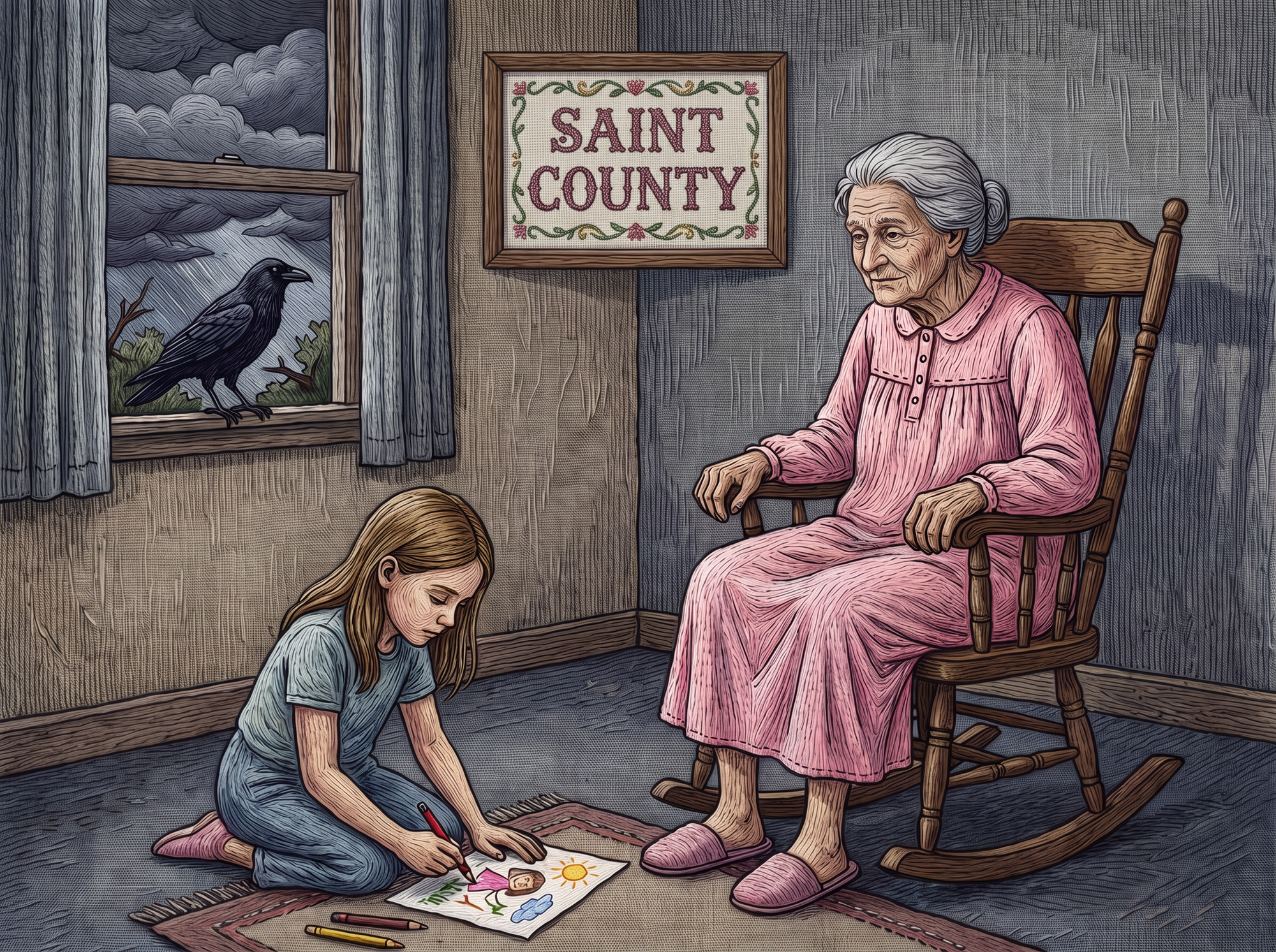 Picture of grandmother sitting in rocking chair looking at granddaughter coloring on the floor.