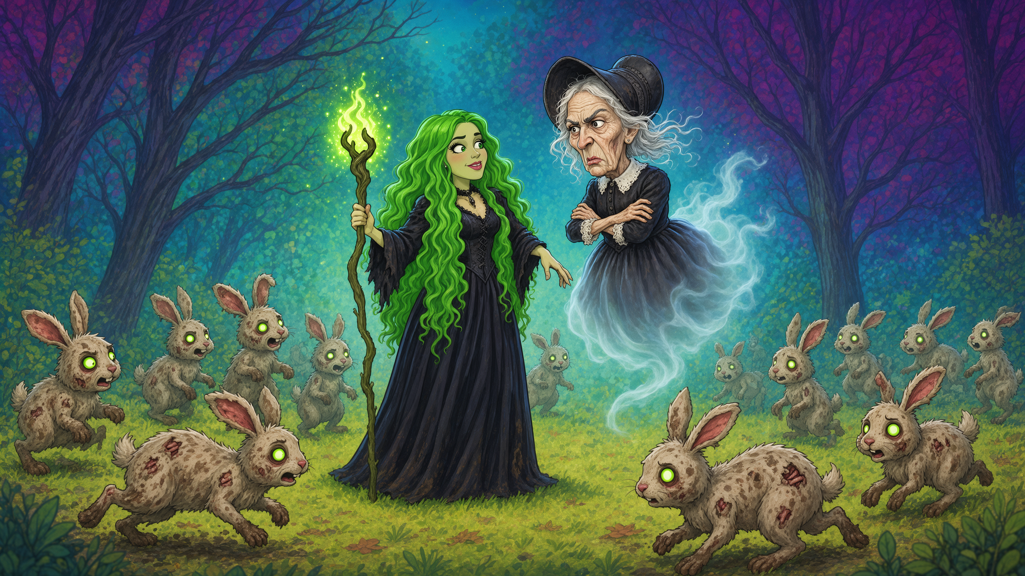 Cartoon image of green-haired witch and a Puritan ghost witch surrounded by zombie bunnies in a forest.