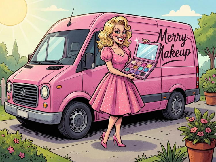 Ellie Evers holds an eye shadow palette in front a pink Merry Makeup minivan.