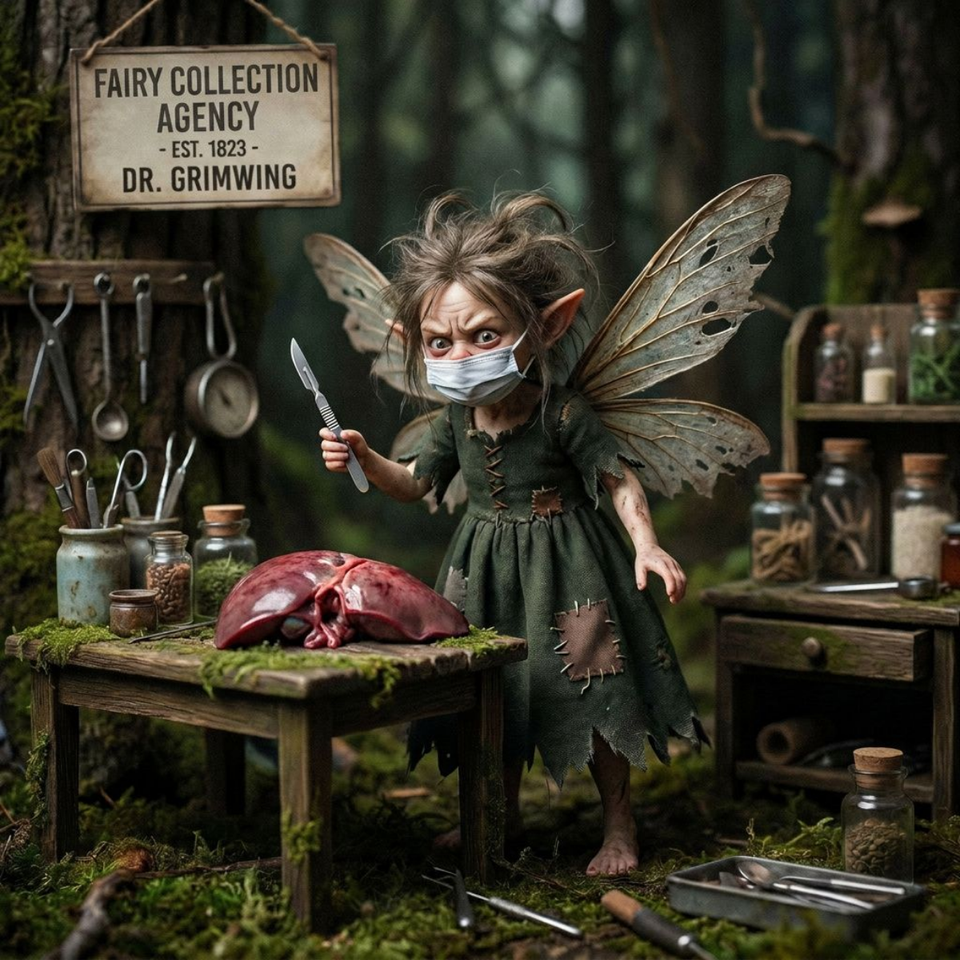 Creepy fairy in a patched dress holding a scalpel in front of a table with a liver on it.